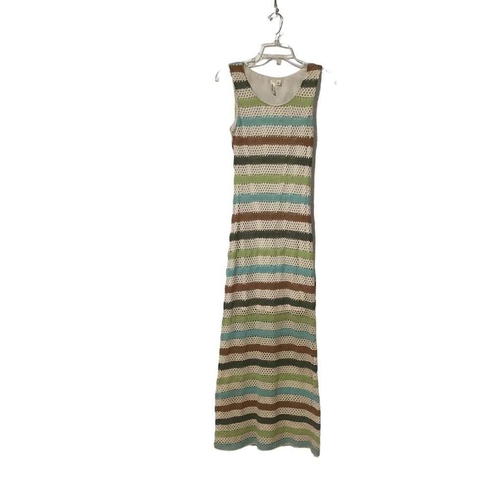 Tacera Multicolor Striped Crochet Maxi Dress (Cream, Brown, Green, Blue)
